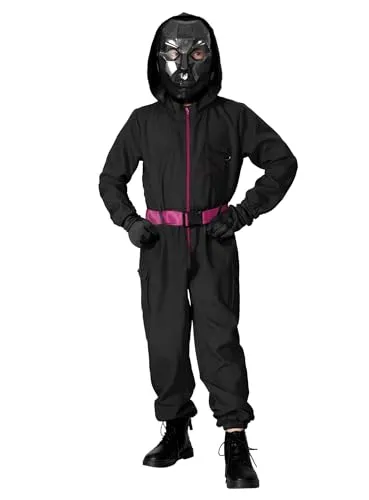 Maskworld Korean Game Offizier Kostüm für Kinder - Schwarzer Overall - Kostüm für Kinder, inspiriert von der koreanischen Serie. Bequemer schwarzer Overall mit pinkem Reißverschluss und funktionalen Taschen. Ideal für Halloween und Karneval, wirkt autoritär und beeindruckend.