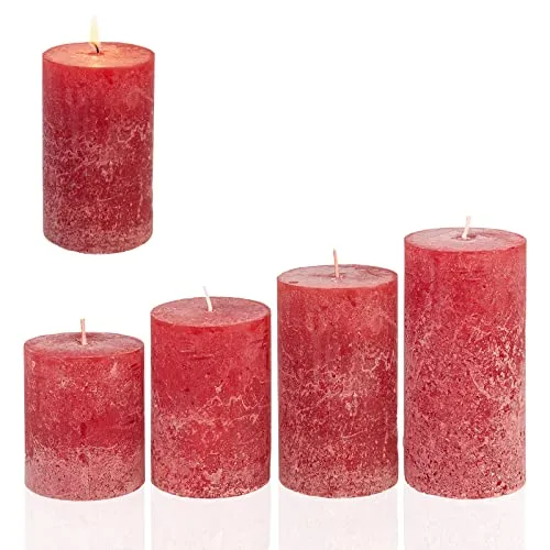 Candelo 4er Set Rustik Kerzen Ambiente Weihnachten - Adventskranz Kerze Rustic - Rot/Red - 8/10/12/14cm - rote Stumpenkerze Advent Weihnachtskerze Ohne Duft