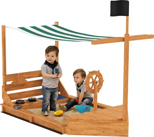 Outsunny Sandkasten im Schiff Design - Sandkasten für Kinder von 3-7 Jahren, aus robustem Tannenholz mit praktischer Abdeckung und Küchenspielset – ideal für kreatives Spielen im Freien.
