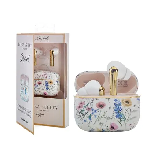 VQ Laura Ashley Skylark TWS Kopfhörer – Kabellos mit Stil und 40 Stunden Akkulaufzeit - Stylische Bluetooth 5.4 Kopfhörer mit handgefertigtem Design. Genießen Sie bis zu 8 Stunden Musik und klare Anrufe dank Geräuschunterdrückung. Ideal für den täglichen Einsatz.