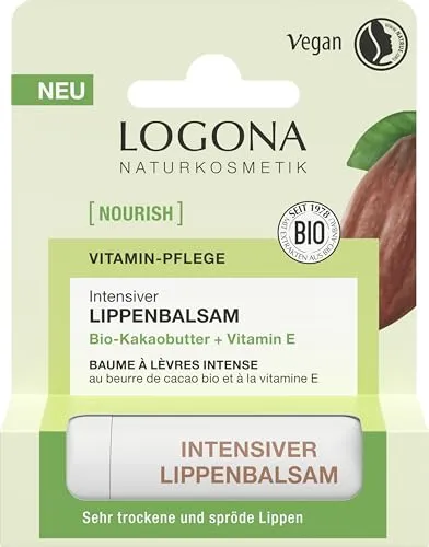 LOGONA Naturkosmetik NOURISH Intensiver Lippenbalsam Bio-Kakaobutter - 4,6 g - mit Vitamin E & Bio-Kakaobutter - vegan & natürliche Inhaltsstoffe - für sehr trockene & spröde Lippen