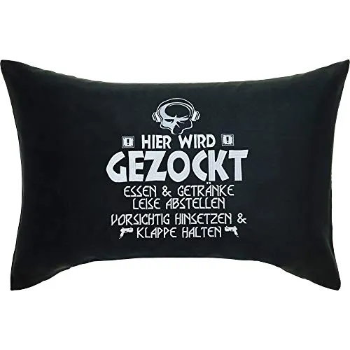 Hier wird gezockt Kissen mit Bezug & Sprüchen 40x60cm Geschenk Gamer Deko Zocker Sessel Zubehör Wohnzimmer Dekokissen mit Füllung Zierkissen Schwarz Couchkissen Sofakissen groß Polsterüberzug