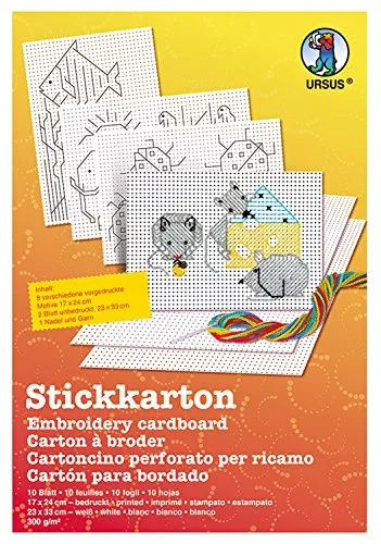 Ursus 15260000 - Stickkarton Bastelset, weiß, ca. 23 x 33 cm, aus Fotokarton 300 g/qm, Set mit 8 Blatt in verschiedenen Motiven, 2 Blatt ohne Druck, Strickgarn und Nadel, Mittel