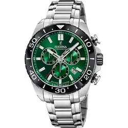 Festina F20042/3 Herren-Chronograph - Silber/Grün - Chronograph aus der Festina Swiss Made Kollektion, mit elegantem Edelstahlarmband und grünem Zifferblatt. Wasserdicht bis 10 bar, ideal für aktive Männer, die Stil und Präzision schätzen.