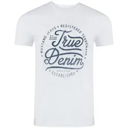 MUSTANG T-Shirt Herren Printshirt Regular Fit (1-tlg) Kurzarm Tee Shirt mit Rundhalsausschnitt aus 100% Baumwolle weiß XL (56/58)