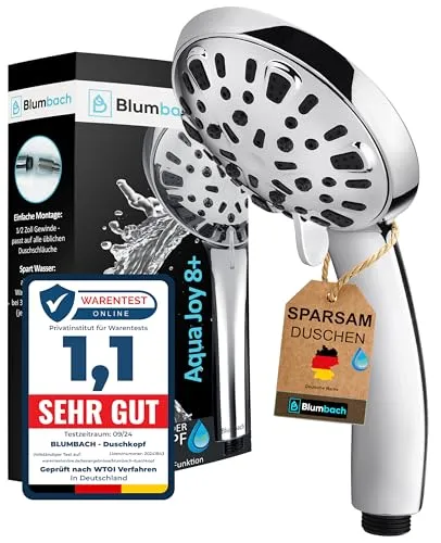 BLUMBACH® Duschkopf Aqua Joy - Hochdruck Duschkopf mit 8 Strahlarten - Handbrause mit druckerhöhendem Effekt, spart bis zu 55 % Wasserverbrauch und bietet 8 belebende Strahlarten für ein einzigartiges Duscherlebnis.
