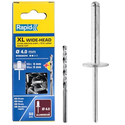 Rapid Blindnieten Großkopf Ø 4mm, 6-9mm Klemmbereich, 50 Stk. Aluminium Nieten, Set inkl. Bohrer, für Blindnietzangen