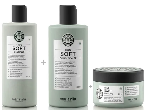 Maria Nila Haarpflege-Set True Soft - 3-teiliges Set für trockenes Haar - Das Maria Nila True Soft Set bietet eine umfassende Pflege für trockenes und strapaziertes Haar. Es enthält Shampoo, Conditioner und Maske, die intensiv Feuchtigkeit spenden und für glattes, glänzendes Haar sorgen – ideal für die tägliche Haarroutine.