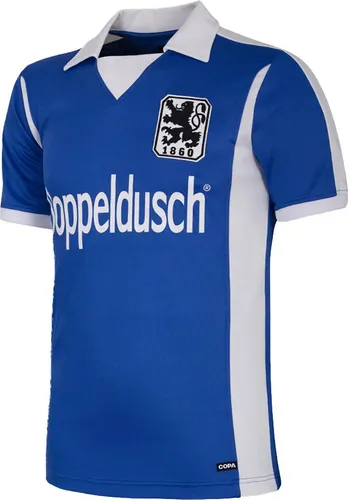 COPA Fußballtrikot Retro 1860 München 1980-81 blau S - Klassisches Retro-Fußballtrikot in blau-weiß, aus 50% Polyester und 50% Baumwolle, ideal für Fans und sportliche Anlässe. Größe S, kurzärmlig und stylisch.