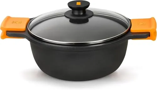 BRA Efficient | Hoher Kochtopf mit Glasdeckel und abnehmbaren Silikongriffen, 32 cm, für alle Herdarten geeignet, einschließlich Induktion und Backofen, Schwarz
