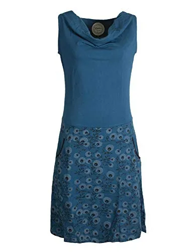 Vishes - Alternative Bekleidung - Damen Baumwoll-Kleid, Blumen-Muster, Wasserfall-Kragen und Taschen türkis 40