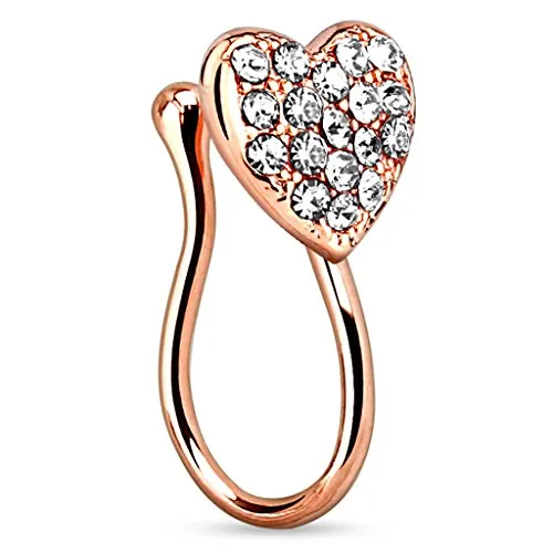 Piercingfaktor Fake Ring Non Piercing Nasenpiercing Nasenring Hoop Clip On Septum Nasenstecker Nase Messing Herz mit Kristallen Rosegold