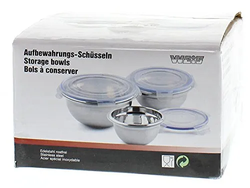 Weis Kuchenschüsselset - 3-teiliges Edelstahl-Set mit Silikondeckel, ideal zum Aufbewahren von Speisen und Salaten