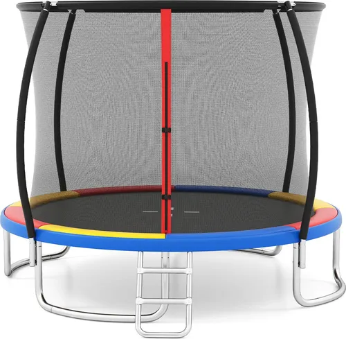 COSTWAY Ø366cm Gartentrampolin mit Leiter und Sicherheitsnetz - Sicheres Outdoor-Trampolin für Kinder mit gebogenen Stangen und rutschfester Leiter. Ideal für stundenlangen Spaß und hohe Stabilität dank verstärktem Metallrahmen und gepolsterter Federabdeckung.