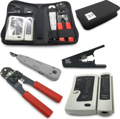 Netzwerk Werkzeug Set Tasche mit Crimpzange und Tester - Kabelwerkzeuge: Umfassendes Set mit Crimpzange, Abisolierer und Netzwerktester für professionelle Verkabelung, ideal für Techniker und DIY-Projekte.
