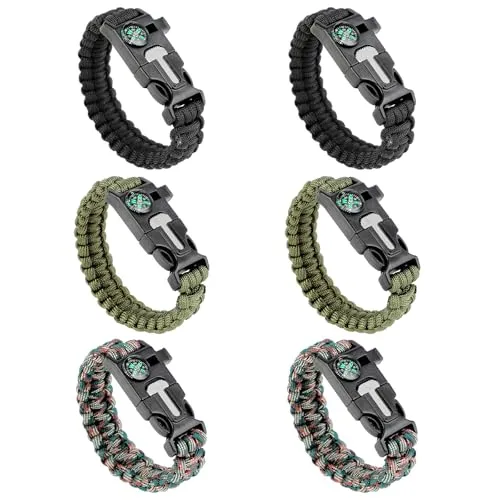 KITDAHOM 6 Stück Überlebensarmband - 5 in 1 Outdoor Armband 26cm x 2.5cm - Paracord - Mit Feuerstein, Pfeife, Kompass, Schaber, Seil - Für Wandern, Camping, Notfall (Schwarz, Armeegrün, Camouflage)