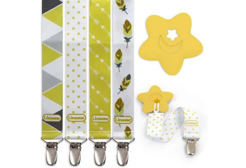 Liname Schnullerbefestigung 4er Set Schnullerkette Schnuller Halter Schnullerhalter Schnullerband, mit Metall Clip inkl. Beißspielzeug