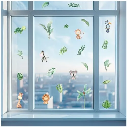 Yabaduu Fensterbilder 3x DIN A4 Bögen Fensterfolie Sticker für Kinder Badezimmer Kinderzimmer Wohnzimmer Aufkleber Fensteraufkleber wasserfest Y076 (02 Dschungeltiere)