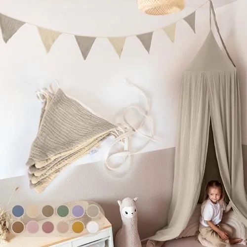 lilimaus Wimpelkette Handgemachte Wimpelkette für Kinderzimmer aus Musselin-Baumwolle, Stilvolle Girlande aus Baumwolle - Perfekt für Kinderzimmer Deko