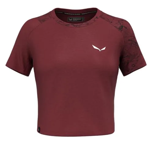 Salewa Women's Lavaredo Hemp Crop T-Shirt - Funktionsshirt für Klettersport - Stylisches Damen-Crop-T-Shirt in Rot, ideal für Sportklettern und Bouldern. Hergestellt aus 55% Acetat und 45% Baumwolle für besten Tragekomfort.
