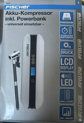 FISCHER 50375 Akkukompressor - Elektrische Luftpumpe 10,3 Bar, universell für Fahrräder, Autos und Motorräder, inkl. Powerbank und Taschenlampe
