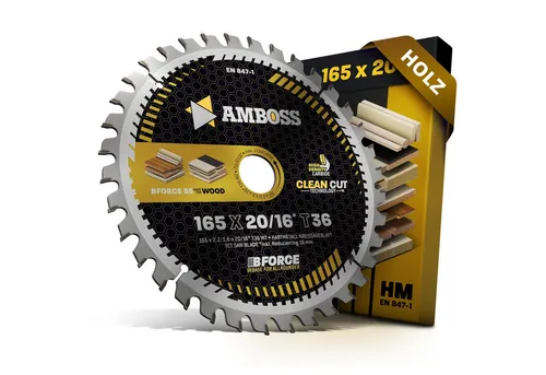 Amboss HM Kreissägeblatt 165 x 2.2/1.6 x 20 Z36 WZ - Kreissägeblätter für präzise Holzarbeiten, ausgestattet mit Clean Cut Technology für extra scharfe Schnitte. Ideal für Handkreissägen und Tischkreissägen, perfekt für Handwerker, die Qualität und Effizienz schätzen.