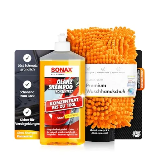 Autowäsche Set Upgrade – SONAX Glanz Shampoo Konzentrat 500 ml | Mit Premium Waschhandschuh für lackschonende, gründliche Handwäsche – Autoshampoo Set, Auto Waschset, Fahrzeugwäsche