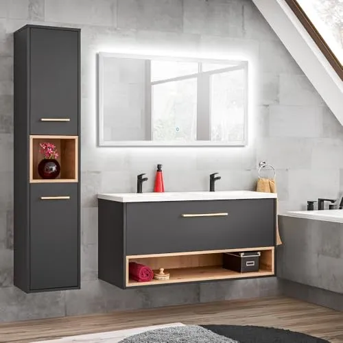 Lomadox Badmöbel-Set BOLOGNA-56 mit Doppelwaschtisch - Badmöbel-Set in anthrazit mit Artisan Eiche Nb. und Softclose-Funktion für sanftes Schließen. Ideal für stilvolle Bäder, inklusive LED-Spiegel und hochwertiger Keramikwaschbecken.