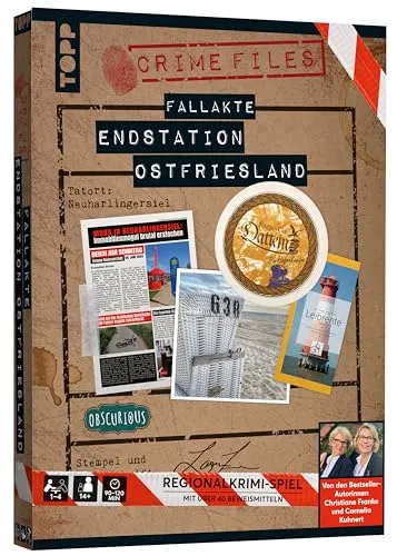 Crime Files - Fallakte: Endstation Ostfriesland - Gesellschaftsspiel für Krimi-Fans, löst gemeinsam einen spannenden Mordfall im malerischen Ostfriesland! Ideal für 2-4 Spieler ab 14 Jahren, mit einer Spielzeit von 60-120 Minuten.