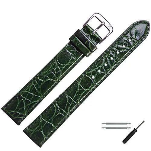 MARBURGER Uhrenarmband 12mm Leder Gruen Silber XL Kroko Prägung Mit Naht - Montage Set 6811260000120