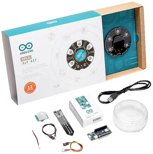 Arduino OPLA IoT Starterkit - Vielseitiges IoT-Entwicklungskit zur Steuerung von Smart Home-Geräten, inklusive OLED-Display und Sensoren für Wetterdaten, Sicherheit und Pflanzenpflege.