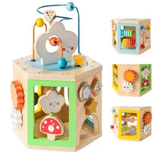 howa Motorikspielzeug My Rainbow - 6-seitiger Motorikwürfel aus Holz, fördert Geschicklichkeit und räumliche Wahrnehmung ab 1 Jahr