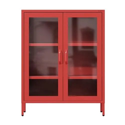 Jan Nowak Vitrinenschrank GINA - 2-türig, Rot, 80 x 101,5 x 40 cm - Stilvolle Vitrine mit gehärtetem Glas und 2 verstellbaren Ablagen. Ideal zur Präsentation von Geschirr und Erinnerungsstücken, sorgt für einen glänzenden Akzent in Ihrem Wohnzimmer.