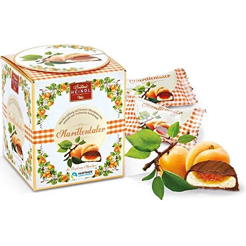 Heindl Marillentaler-Packung, 175 g - Marzipan-Süßigkeiten mit feiner Marillenmarmelade, ideal zum Verschenken oder selbst Genießen. Eine exquisite Confiserie-Komposition aus Wien.
