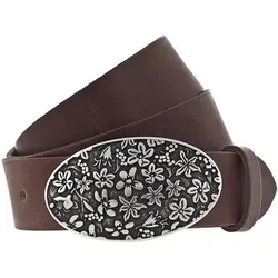 Koppelgürtel mit floraler Koppelschließe in mattem Silber, 3,5 cm, Gr. 95 - Gürtel aus echtem Leder mit Vintagecharakter, 35 mm breit und ideal für moderne Freizeit-Outfits. Verleiht jedem Look einen femininen Akzent.