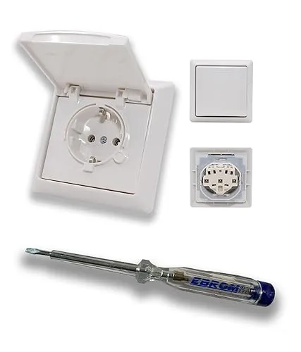 Busch Jäger Allwetter44 Komplett Set IP44 (spritzwassergeschützt) Klappsteckdose 20EUGK-34-101 alpinweiß und 1-fach Rahmen inkl. EBROM Phasenprüfer zur Montage der Steckdose