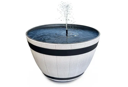 matches21 HOME & HOBBY Wasserspiel Großes 51 x 36 cm Outdoor Solar-Brunnen Set Holzfass-Optik, (2 tlg), Große Schale in grau mit Solarfontäne als Garten-Brunnen