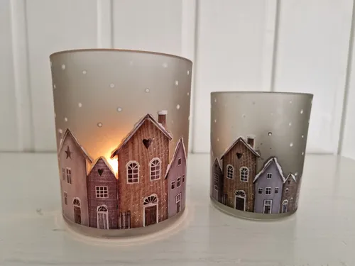 Windlicht Häuschen Winter Glas 2er Set Ø 7-9 H 8-10 cm