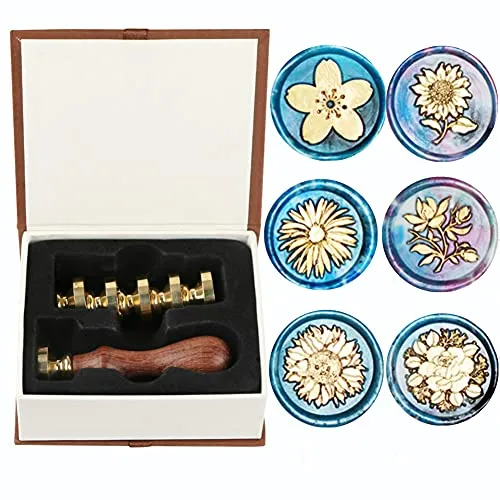 Wachssiegel-Stempel-Set, Anbose Kirsche Kamille Sonnenblume Rose Magnolie Wachssiegelstempel-Set inkl. 6 Stück Siegelwachsstempel Kupfersiegel + 1 Holzgriff (A)