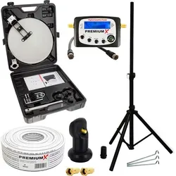 PremiumX Camping Satelliten-Anlage im Koffer - SAT-Antennen mit wettergeschütztem LNB für hohe Signalqualität, inklusive 10m Koaxial-Kabel und einfachem Satellitenfinder für stressfreies Campen.