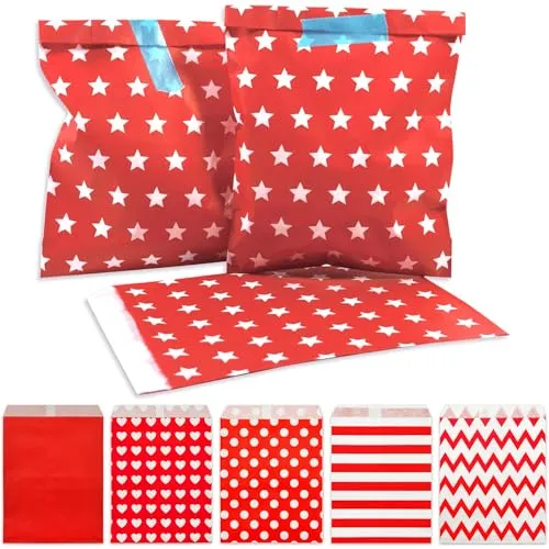 Frau WUNDERVoll® 100 PAPIERTÜTEN ROT, STERNE 13 x 16,5 cm, 45 Gramm Papier, flach/Candy Bar, Hochzeit, Kindergeburtstag, Papiertütchen, Candybag, Tüten, Mitgebseltüten