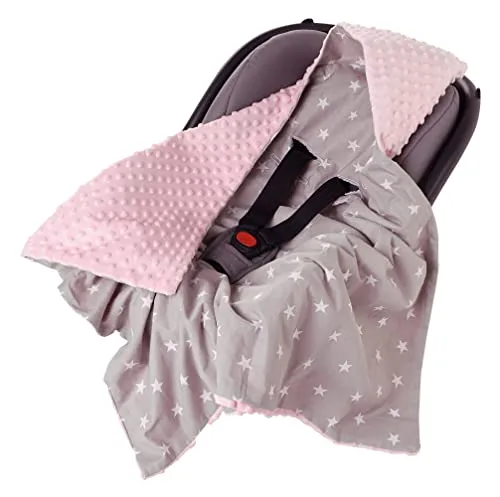 Medi Partners Einschlagdecke Baby Babyschale 100% Baumwolle für Sommer 85x85cm Kinderwagen Kuscheldecke universal Baby Decke Einschlagdecken Babydecke Buggy Autositz (weiße Sterne mit rosa Minky)