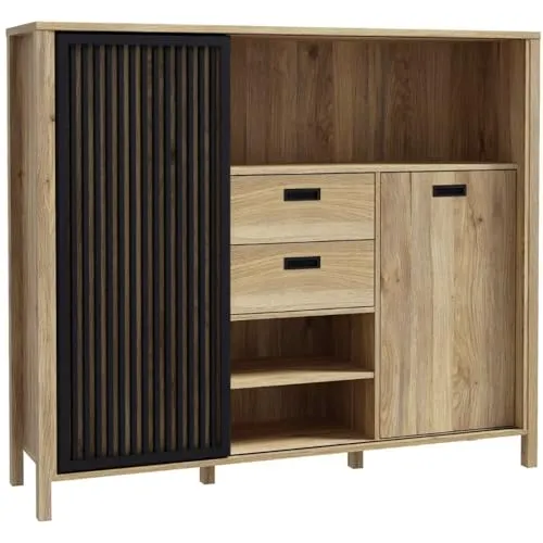 DEINE TANTE EMMA JTNR332L-M635 Kommode - Hochwertiges Highboard mit Schiebetüre in Mauvella Eiche, ideal für stilvolle Wohnräume - Neuware zur Selbstmontage, Maße: 150 x 130 x 41 cm.
