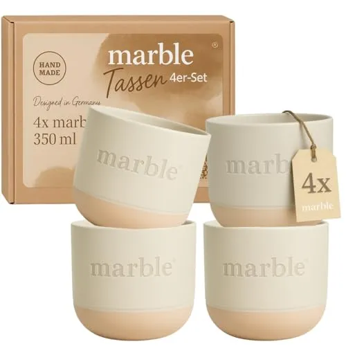 Marble ®Cappuccino Tassen 4er Set 350ml - Kaffeebecher Porzellan Kaffeetassen groß - Design Jumbotasse Kaffeteassenset - Steingut Tasse handmade spülmaschinenfest