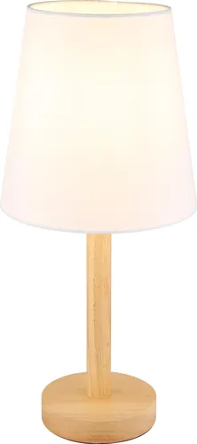 JORIS Tischleuchte in Holzoptik - Tischleuchte in Holzoptik mit elegantem Textilschirm, ideal für Nachttische. Aus hochwertigem Metall gefertigt, bietet sie Flexibilität durch einen Wippschalter und eine Kabellänge von 1500 mm.