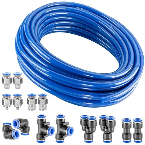 Poppstar PU Druckluft Pneumatikschlauch ID 4mm / AD 6mm, 10m, 8x Air-Push Steckverbindungen (Y, T, L, I-förmig), 6 bar, blau
