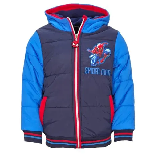 Spider-Man Kinder Winterjacke mit Kapuze – Jungen Steppjacke mit Fleece-Innenfutter – Gr. 98–128 – Blau/Rot, Farbe: Blau, Bekleidungsgröße: 98