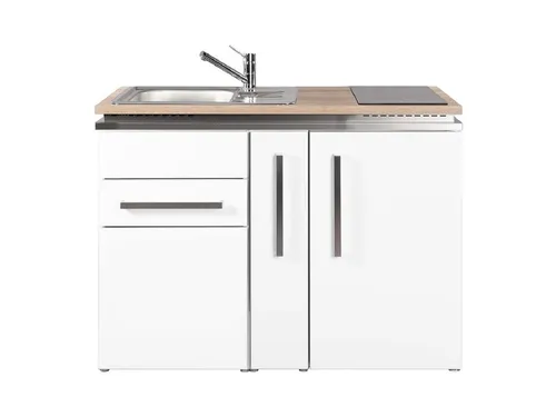 Stengel Miniküche Designline MD 120 A mit Kühlschrank - Platzsparende Küchenzeile mit Kühlschrank und Spüle. Ideal für kleine Räume! Breite 120 cm, energieeffizient und in modernem Weiß.