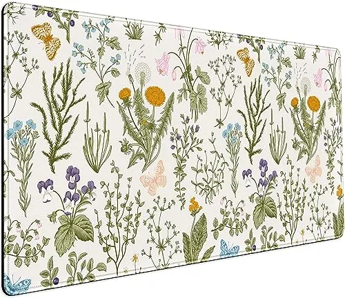 Schreibtischunterlage mit niedlichen Blumen, gepresst, getrocknetes Blumenmuster, neutrales Beige, Salbeigrün, XXL, großes erweitertes Gaming-Mauspad, Schreibtischmatte, 80 x 40 cm, Laptop-Tastatur
