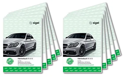 SIGEL FA513/10 Fahrtenbücher A5 - 10er Pack für Vielfahrer - Praktische Fahrtenbücher im A5-Format, vom Finanzamt anerkannt, ideal für die exakte Trennung geschäftlicher und privater Fahrten. Enthält nützliche Extras und ist FSC-zertifiziert.